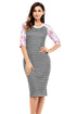 Sexy Black White Stripe Floral Sleeve Midi Dress